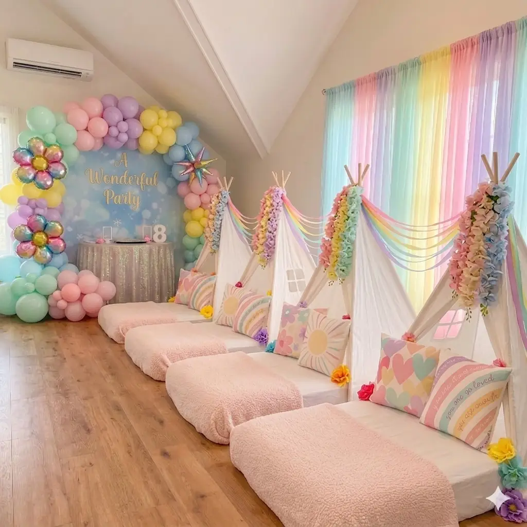 Rainbow sunshine teepee slumber party setup