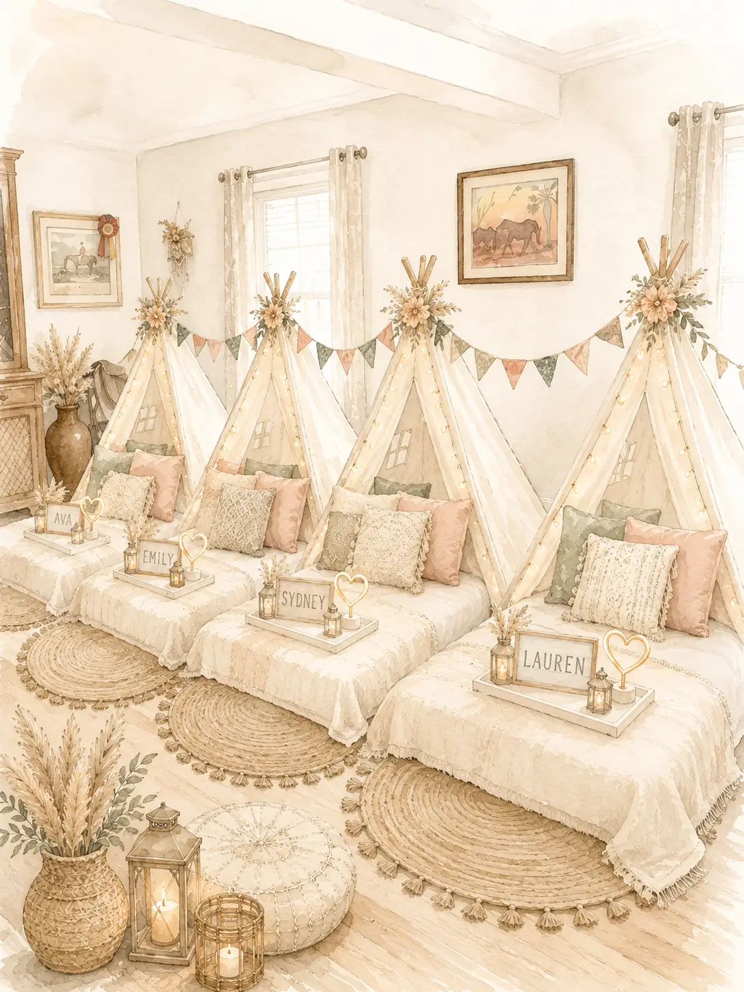 Styled teepee slumber party booking setup